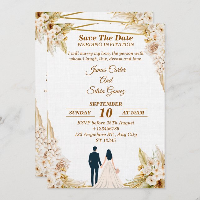 Floral Wedding Invitation – Modern invite card Inbjudningar (Fram/baksida)