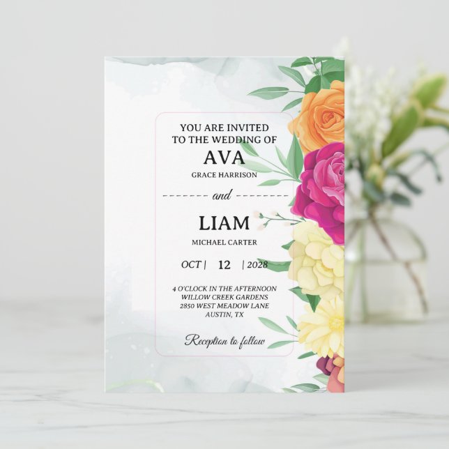 Floral Wedding Invitation with Modern Framed Text Inbjudningar (Stående Fram)