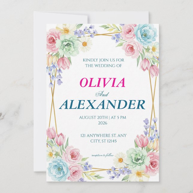 Floral Wedding Invitations Colorful Spring Inbjudningar (Framsida)