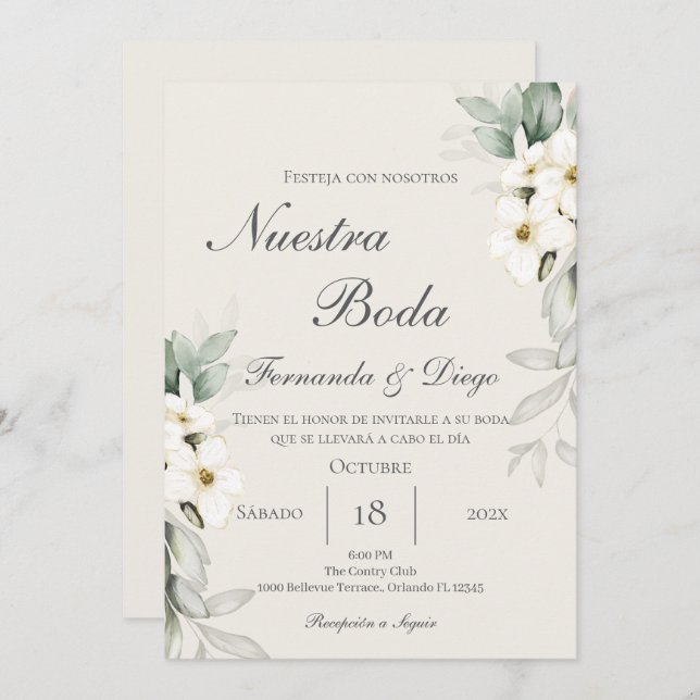 Floral Wedding invite in Spanish Inbjudningar (Fram/baksida)