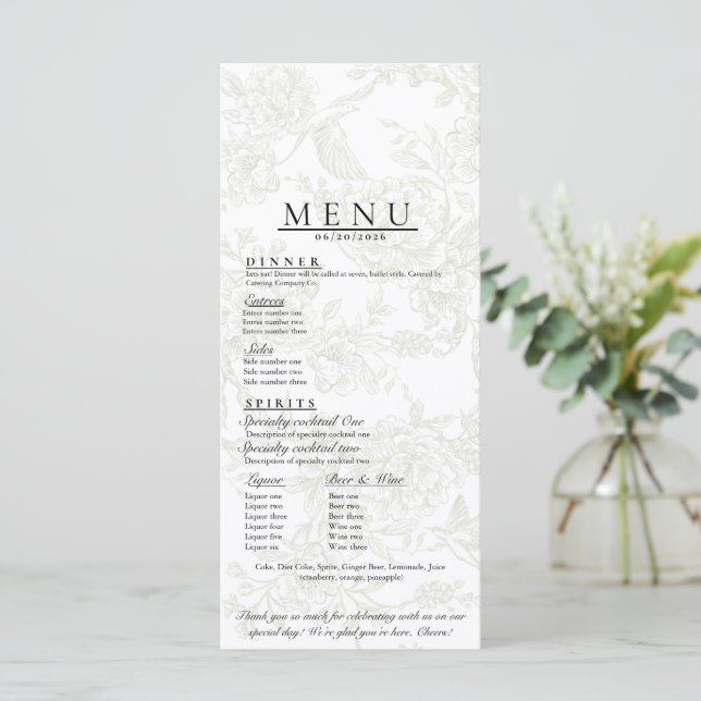 Floral Wedding Menu Meny (Stående Fram)