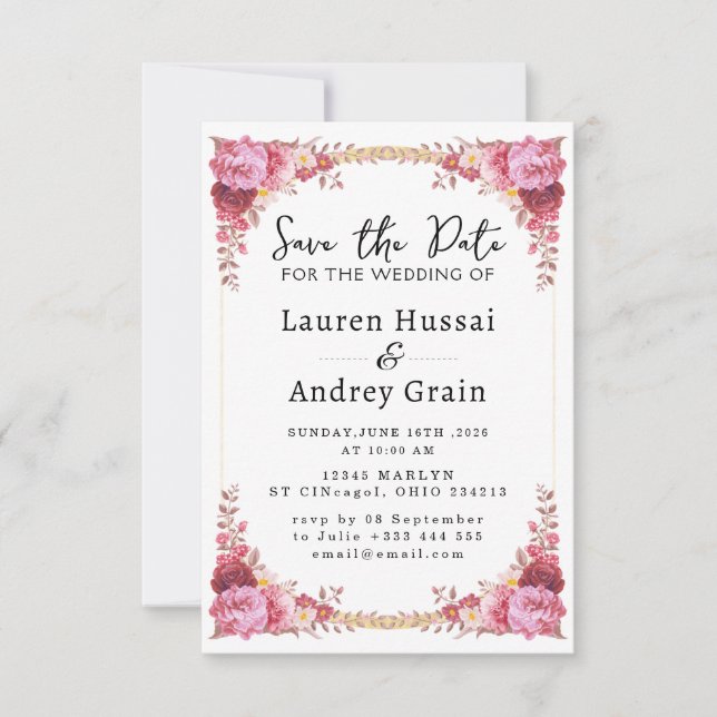Floral Wedding Save the Date Invitation Spara Datumet (Framsida)