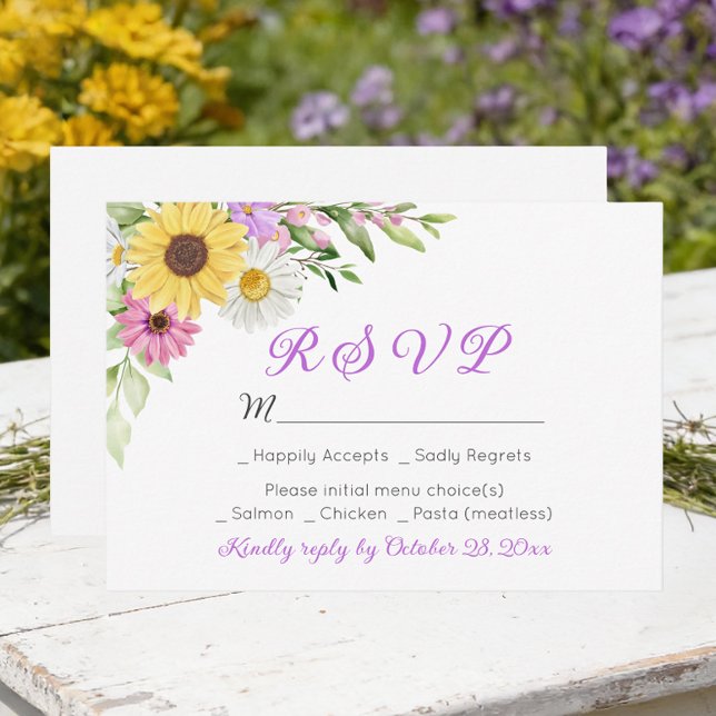 Floral Wedding Wildflower Sunflower Daisy RSVP OSA Kort (Skapare uppladdad)