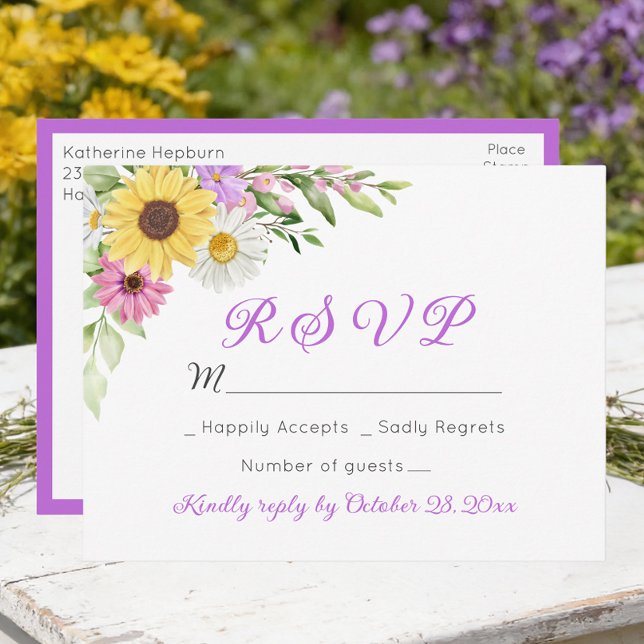 Floral Wedding Wildflower Sunflower Daisy RSVP Vykort (Skapare uppladdad)