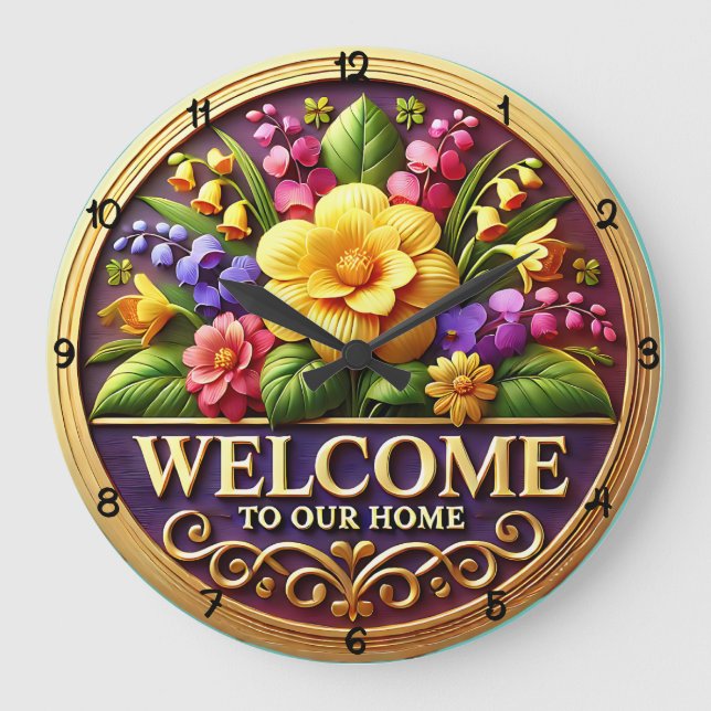 Floral Welcome To Our Home Stor Klocka (Framsida)