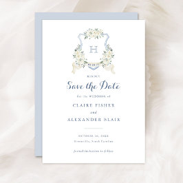 Floral White Dusty Blue Crest Save the Date Inbjudningar
