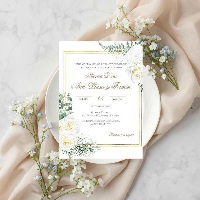 Floral White Spanish Wedding Invitation Inbjudningar (Skapare uppladdad)