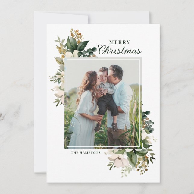 Floral Winter Greenery Elegant Photo Christmas Julkort (Framsida)