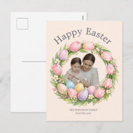Floral Wreath & Family Photo Personalized Easter Helg Vykort