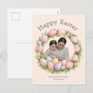 Floral Wreath & Family Photo Personalized Easter  Helg Vykort