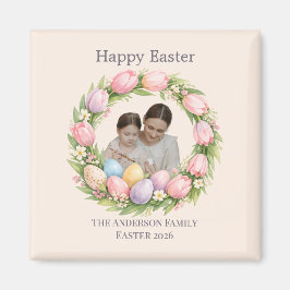 Floral Wreath & Family Photo Personalized Easter Magnet