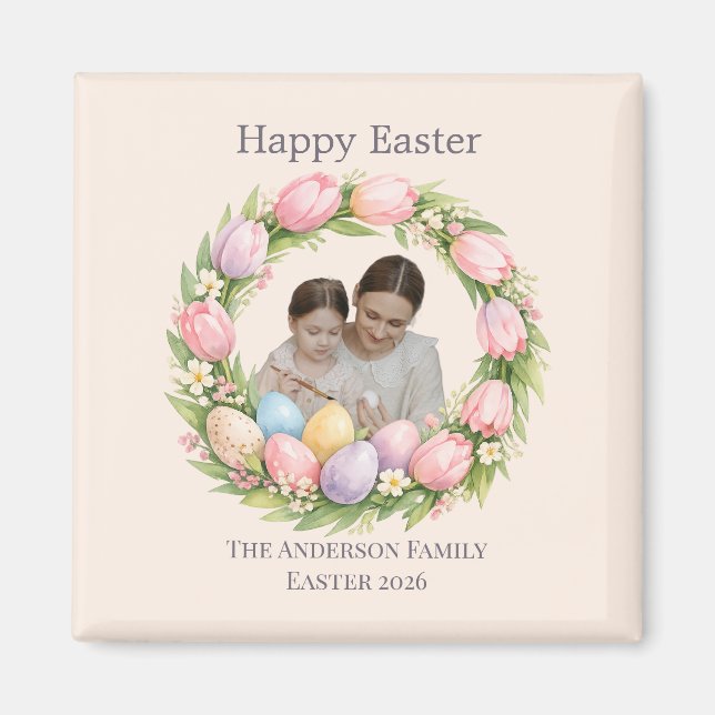 Floral Wreath & Family Photo Personalized Easter  Magnet (Framsidan)