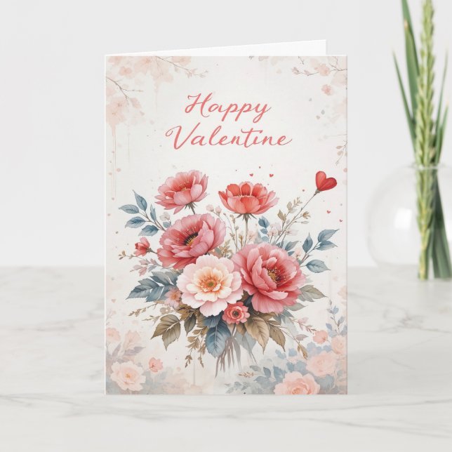 Floral Wreath Valentine Elegant Happy Valentines  Kort (Framsida)