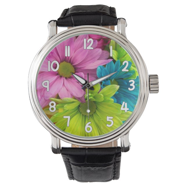 Floral Wrist Watch – Pink Green Blue Flower Armbandsur (Framsida)
