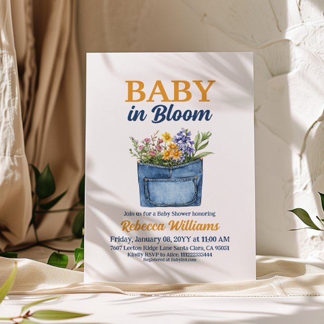 Floral Yellow Denim Pocket Baby In Bloom Shower Inbjudningar (Skapare uppladdad)