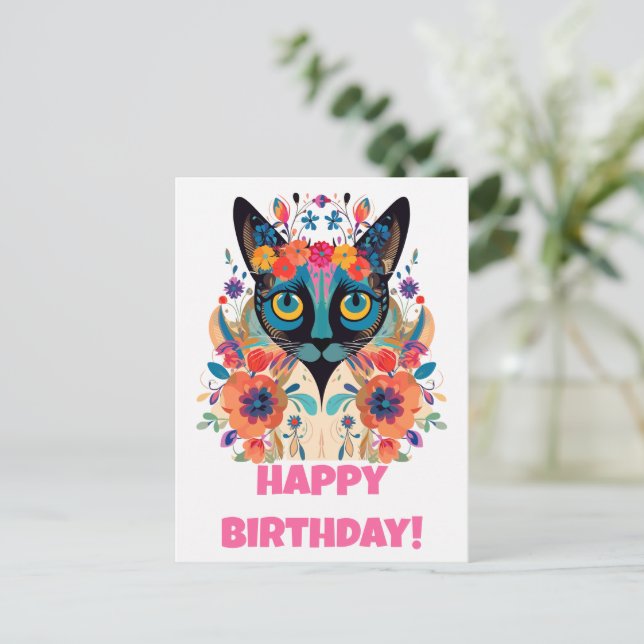 FloralSiamkat Postkort: Happy Birthday Edition Vykort (Stående Fram)
