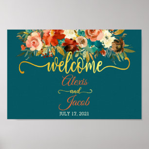 FloralWedding Välkomstskylt - Teal & Orange Bröllo Poster