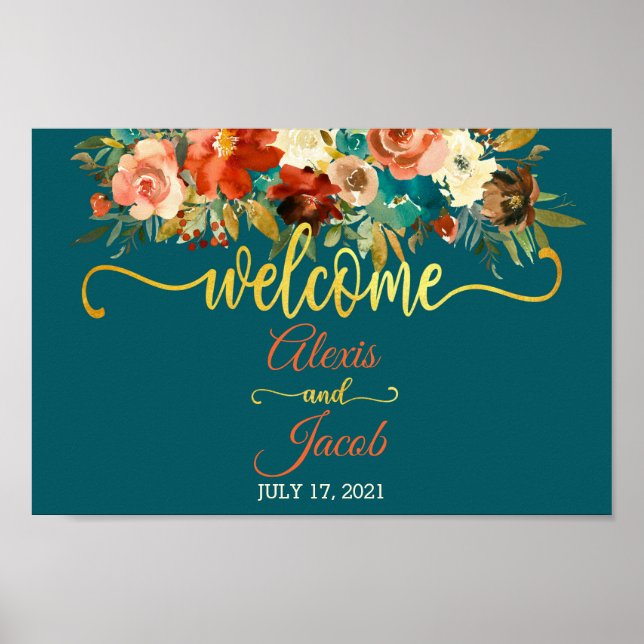 FloralWedding Välkomstskylt - Teal & Orange Bröllo Poster (Framsidan)