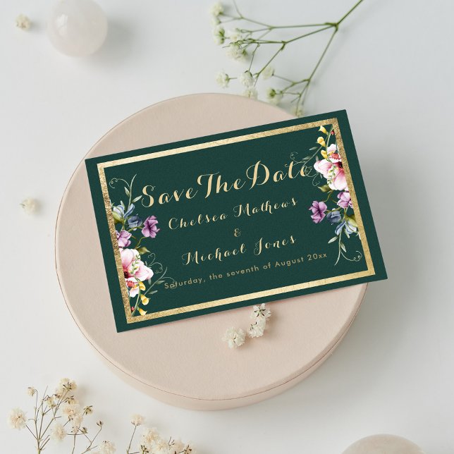 floran guld rosa i elegant grönt  Spara datum Spara Datumet (Elegant forest green gold pink flora Save The Date)