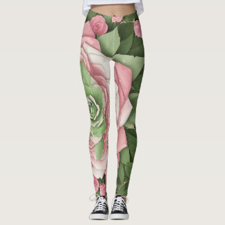 Floreado de Hojas Verdes y Flores Rosas Leggings