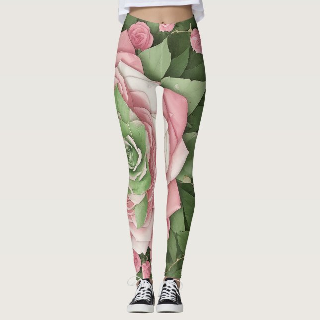 Floreado de Hojas Verdes y Flores Rosas Leggings (Framsida)