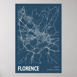 Florence Italien City Karta Line Art Blue Print Poster