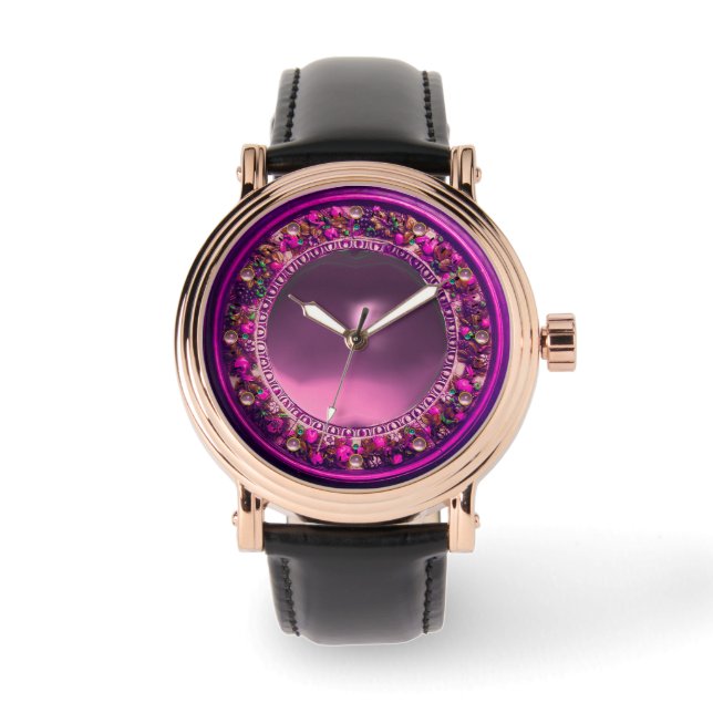 FLORENTINE FUCHSIA LILA BLOMMIGT KRONA, ROSA GEM ARMBANDSUR (Framsida)