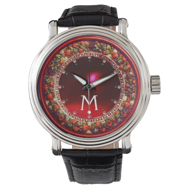 FLORENTINE RED GRÖNT BLOMMIGT KRONA RUBY MONOGRAM ARMBANDSUR (Framsida)