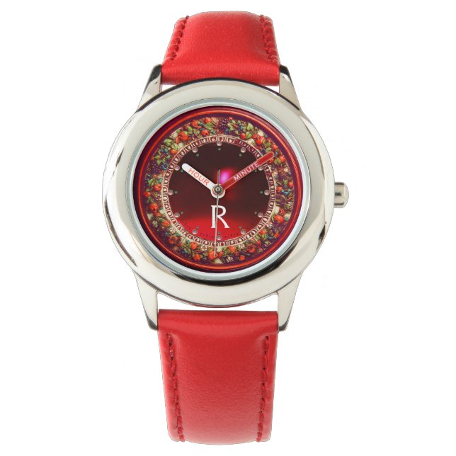 FLORENTINE RED GRÖNT BLOMMIGT KRONA RUBY MONOGRAM ARMBANDSUR (Framsida)
