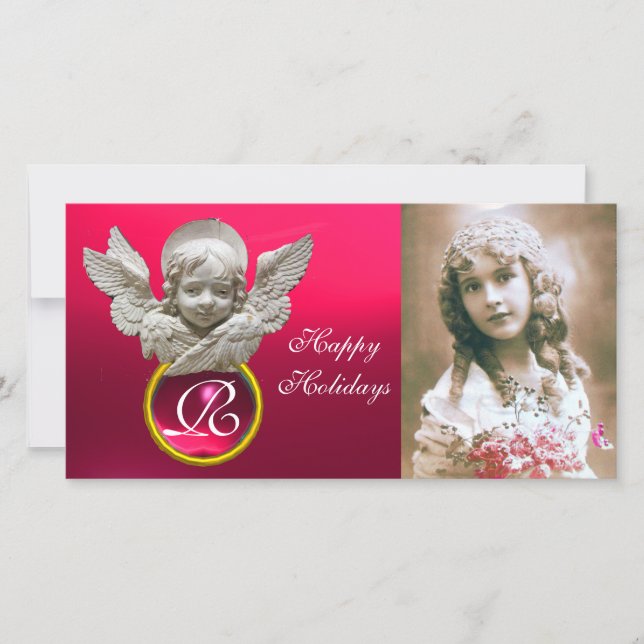FLORENTINE RENAISSANCE ANGEL Fuchsia Gem Monogram Julkort (Framsida)