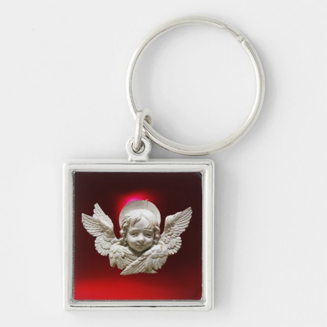 FLORENTINE RENAISSANCE ANGEL,Red Ruby Gem Fyrkantig Silverfärgad Nyckelring (Framsidan)