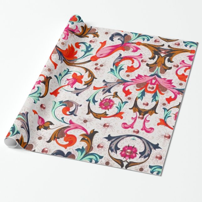 FLORENTINE RENAISSANCE RED BLOMMIGT SWIRLS,FLOWARE PRESENTPAPPER (Utrullad)