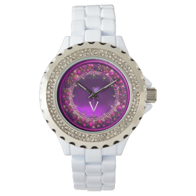 FLORENTINE ROSA BLOMMIGT KRONA LILA GEM MONOGRAM ARMBANDSUR (Framsida)