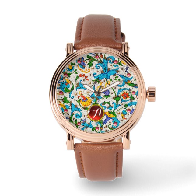 FLORENTINSK RENÄSSANS BLÅ BLOMMIGA VIRVLAR MONOGRA ARMBANDSUR (Framsida)