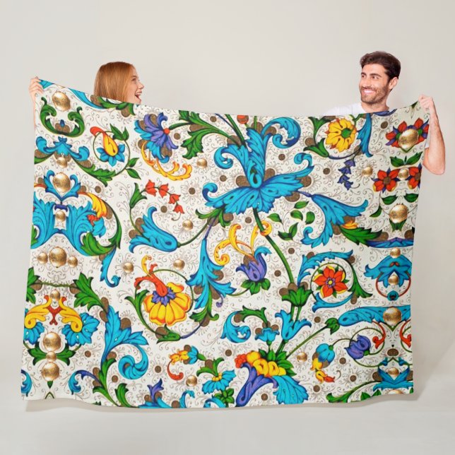 FLORENTINSK RENÄSSANS BLÅ BLOMMSTER VIRVLAR,BLOMMO FLEECEFILT (På plats)