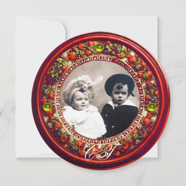 FLORENTINSK RENÄSSANS RÖD BLOMKRANS MONOGRAM INBJUDNINGAR (Framsida)