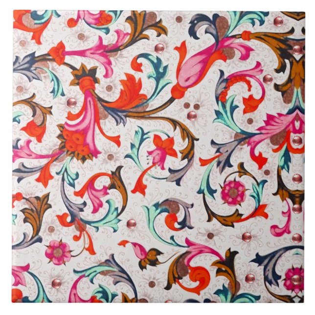 FLORENTINSK RENÄSSANS RÖD BLOMSTER VIRVLAR, BLOMMO KAKELPLATTA (Framsidan)