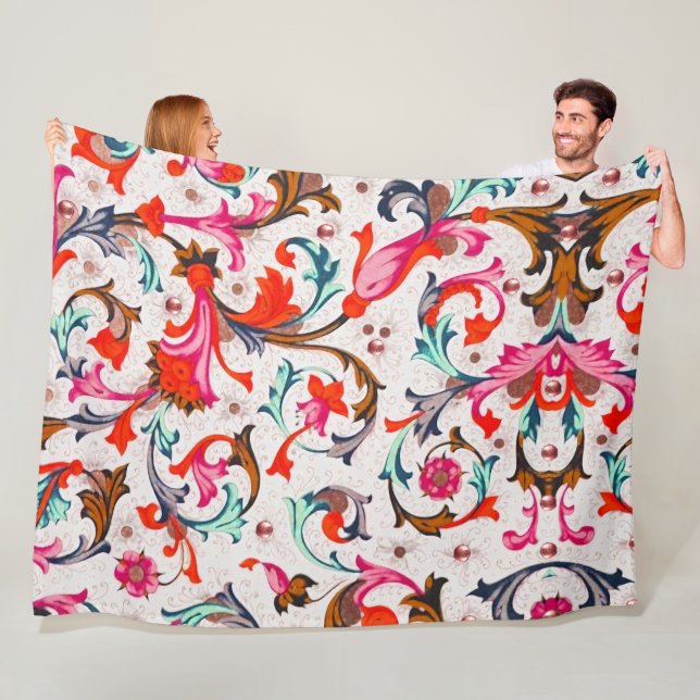 FLORENTINSK RENÄSSANS RÖD BLOMSTER VIRVLAR,BLOMMOR FLEECEFILT (På plats)