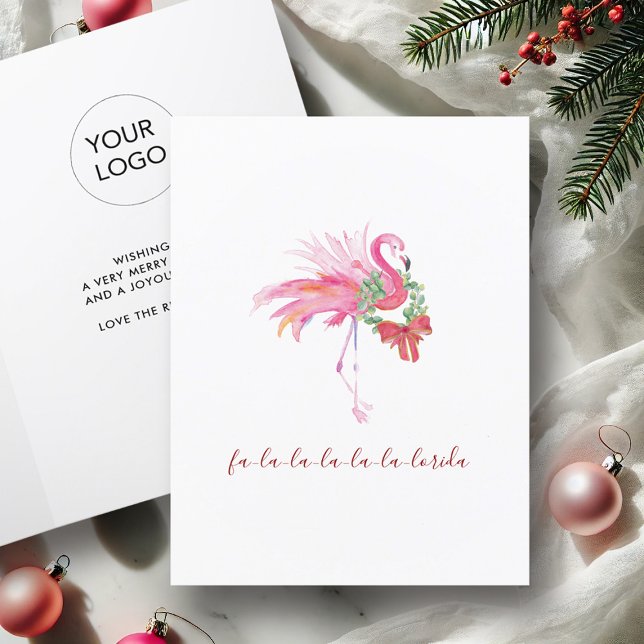 Florida Akvarell Rosa Flamingo Strand Jul Helgkort (Business Christmas cards with logo watercolor pink flamingo art by Victoria Grigaliunas DoTellABelle)
