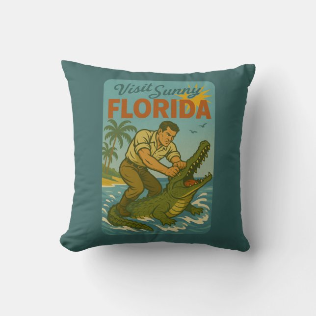 Florida Alligator Wrestling | Funny Retro Coastal Kudde (Framsida)