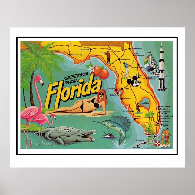 Florida Attraktion Karta Poster Skriv ut (Framsidan)