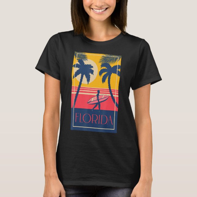 Florida Beach med Handflatan Träd och Surfer Retro T Shirt (Framsida)