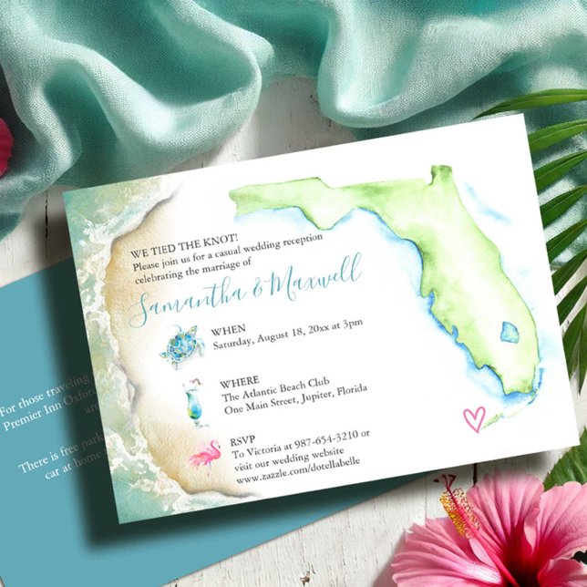 Florida Beach Wedding Reception Illustrated Inbjudningar (Destination wedding reception invitation watercolor Florida map, sea turtle.. Victoria Grigaliunas)