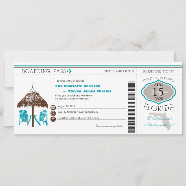 Florida Boarding Pass Bröllopsinbjudan Inbjudningar (Framsida)