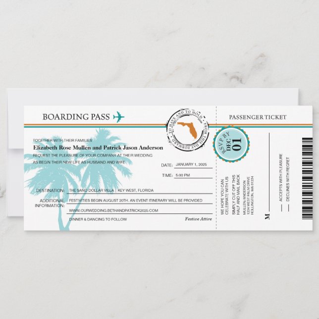Florida Boarding Pass Bröllopsinbjudan Inbjudningar (Framsida)
