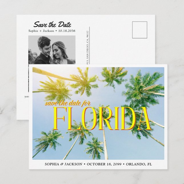 Florida Bröllop Spara Datum Palmträd Retro Vykort (Fram/baksida)