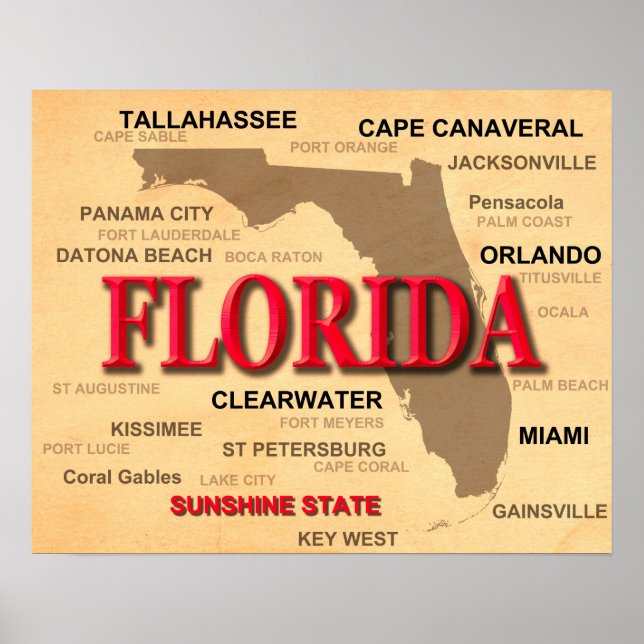 Florida Cities och Städer State Pride Karta Poster (Framsidan)