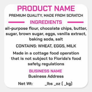 FLORIDA Cottage Food Law Klistermärke/Etikett Fyrk Fyrkantigt Klistermärke