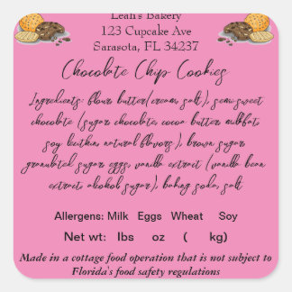 FLORIDA Cottage Food Law Sticker/Label Home baker Fyrkantigt Klistermärke