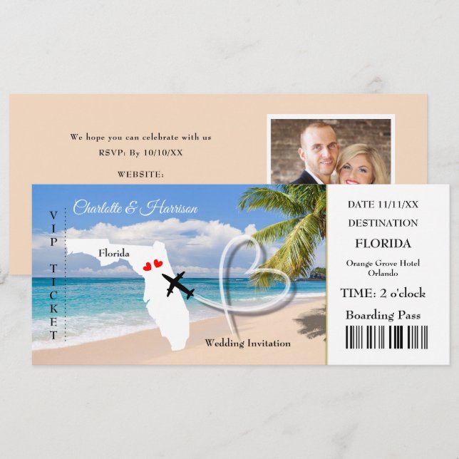 Florida Destination Wedding Biljett Boarding Pass Inbjudningar (Fram/baksida)